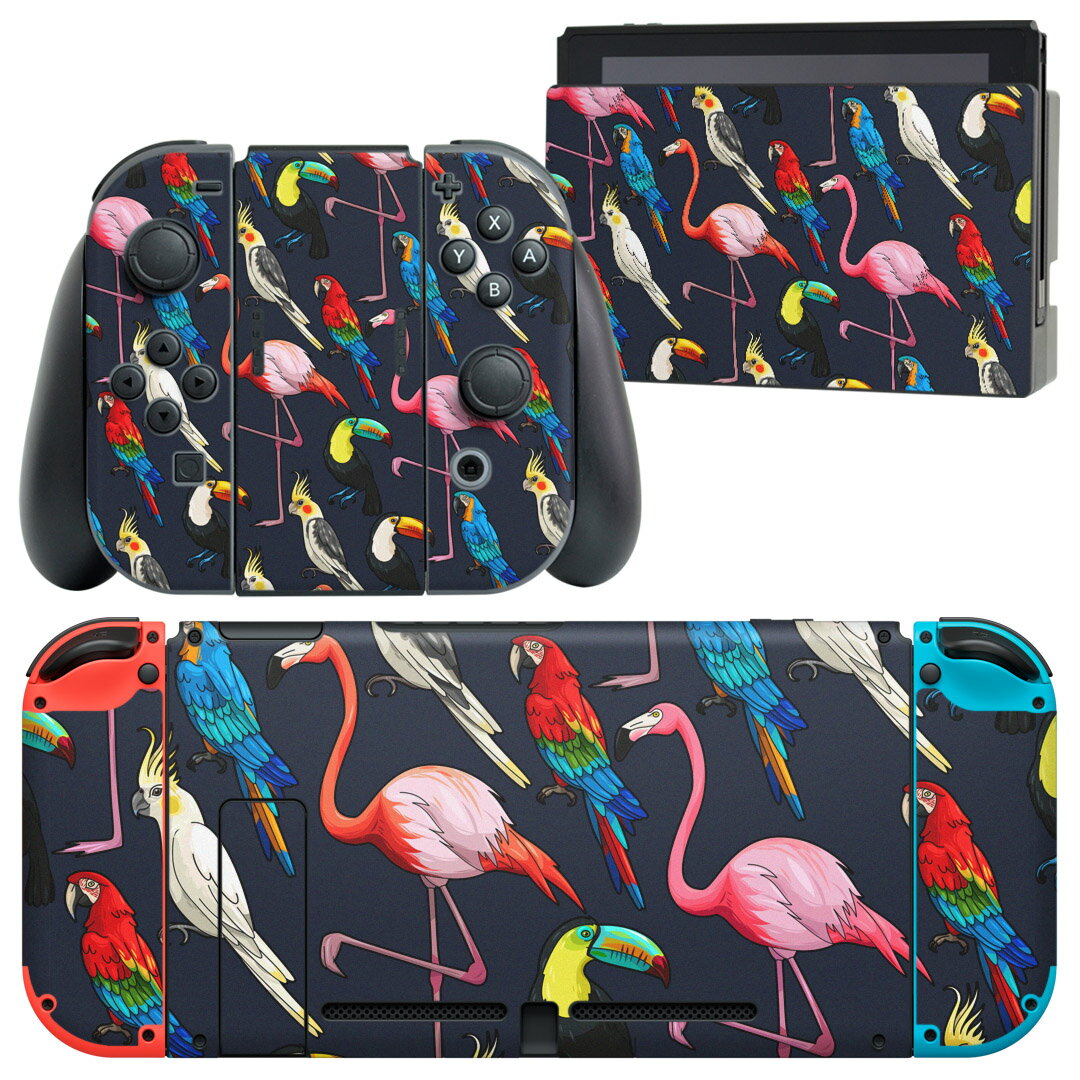 igsticker Nintendo Switch 用 デザインスキンシール 任天堂 ニンテンドー スイッチ 専用 本体ドック Joy-Con Joycon ジョイコン 専用 ゲーム機 カバー アクセサリー フィルム ステッカー 010546 鳥　インコ　フラミンゴ