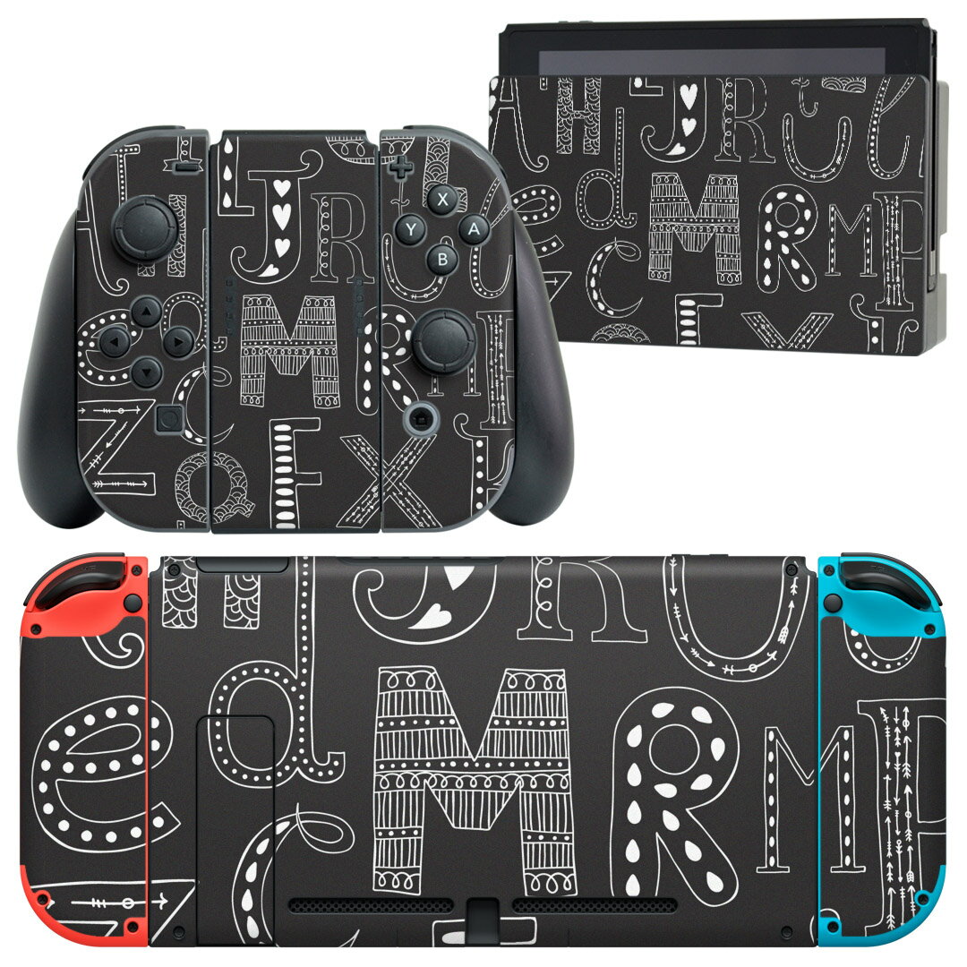 igsticker Nintendo Switch 用 デザインスキンシール 任天堂 ニンテンドー スイッチ 専用 本体ドック Joy-Con Joycon ジョイコン 専用 ゲーム機 カバー アクセサリー フィルム ステッカー 010551 アルファベット 英語 黒