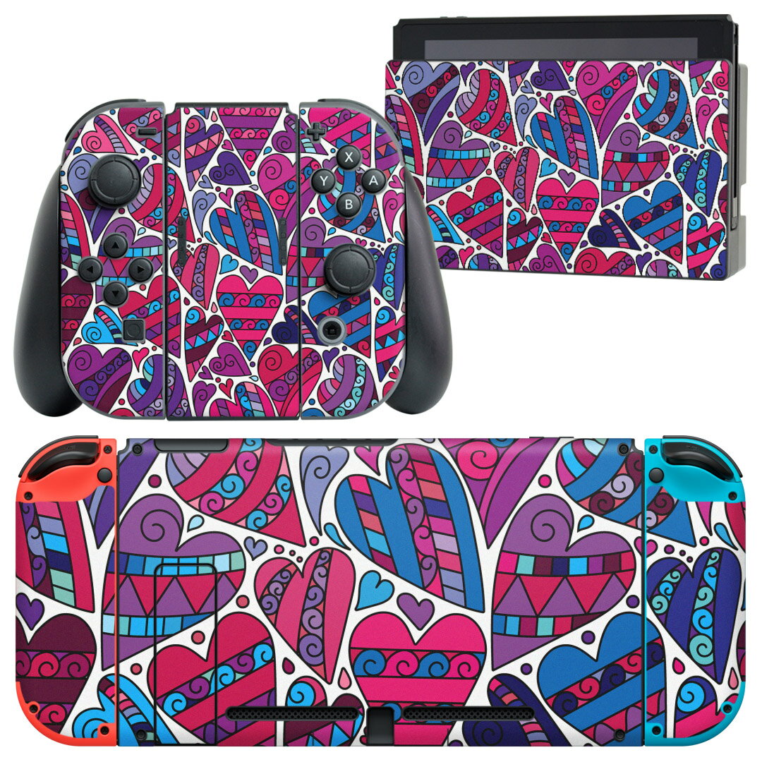 igsticker Nintendo Switch 用 デザインスキンシール 任天堂 ニンテンドー スイッチ 専用 本体ドック Joy-Con Joycon ジョイコン 専用 ゲーム機 カバー アクセサリー フィルム ステッカー 010580 ハート ピンク 紫