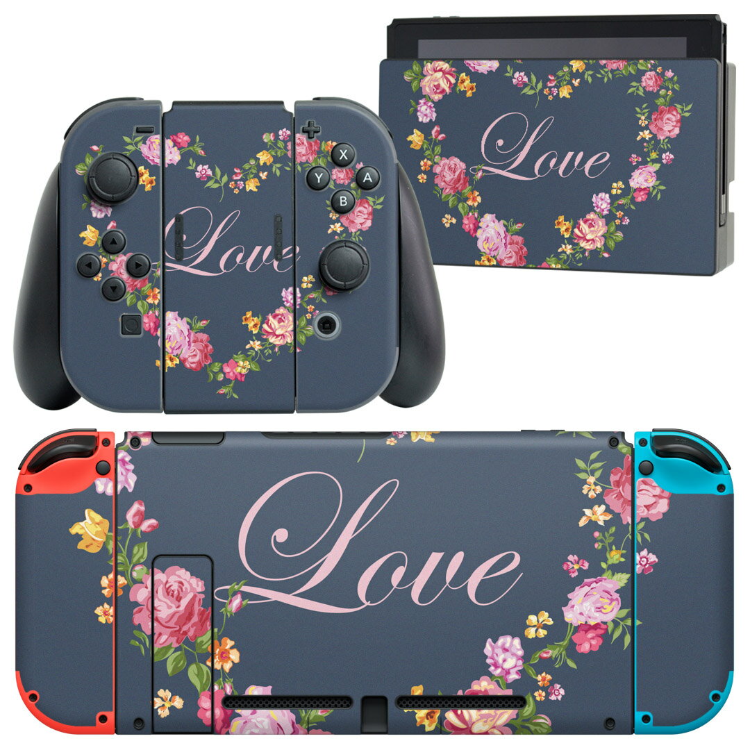 igsticker Nintendo Switch 用 デザインスキンシール 任天堂 ニンテンドー スイッチ 専用 本体ドック Joy-Con Joycon ジョイコン 専用 ゲーム機 カバー アクセサリー フィルム ステッカー 010655 花 LOVE ネイビー
