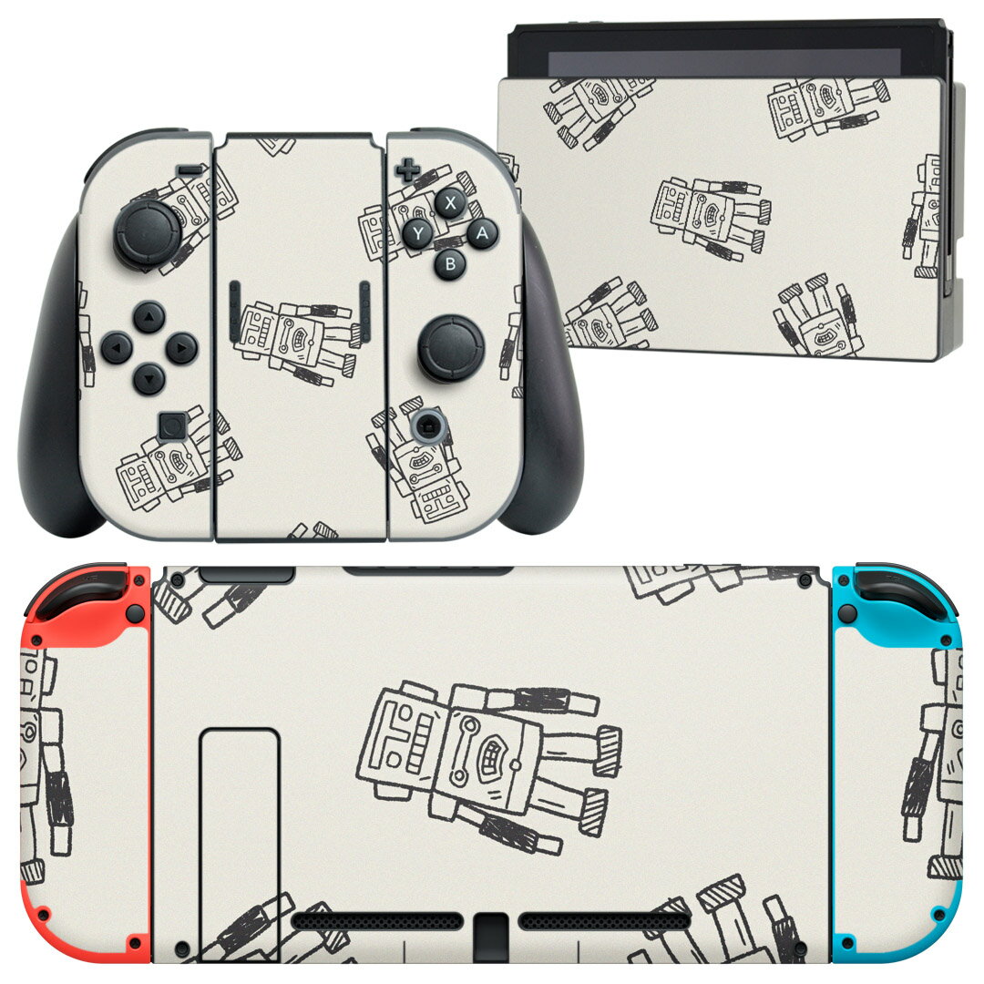 igsticker Nintendo Switch 用 デザインスキンシール 任天堂 ニンテンドー スイッチ 専用 本体ドック Joy-Con Joycon ジョイコン 専用 ゲーム機 カバー アクセサリー フィルム ステッカー 010674 ロボット　白　黒