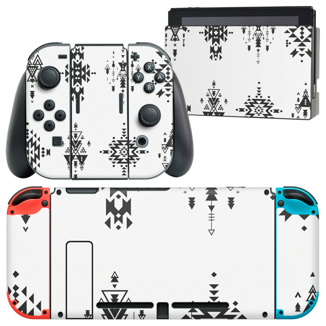 igsticker Nintendo Switch 用 デザインスキンシール 任天堂 ニンテンドー スイッチ 専用 本体ドック Joy-Con Joycon ジョイコン 専用 ゲーム機 カバー アクセサリー フィルム ステッカー 010689 ネイティブ柄 白 黒