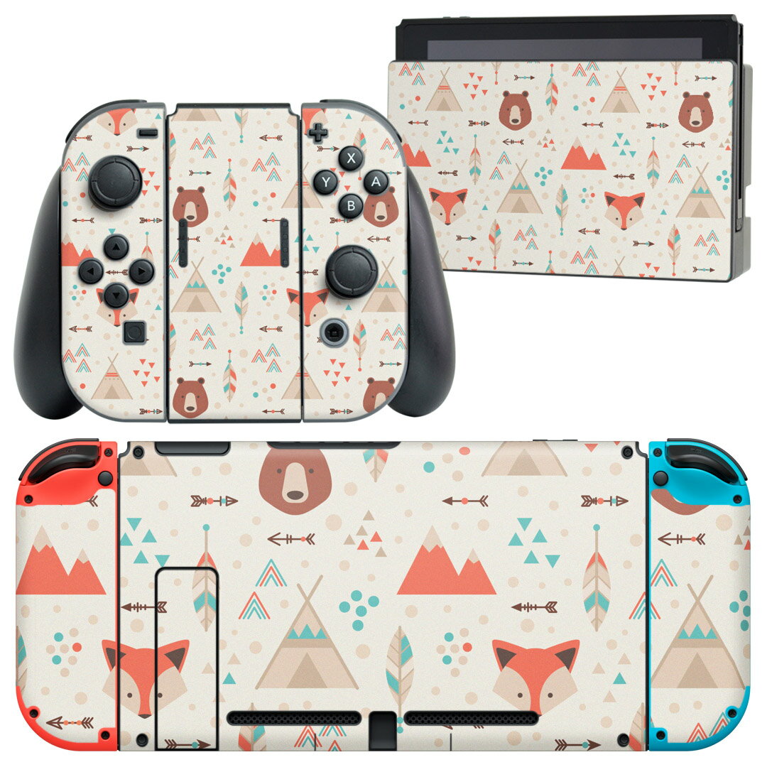 igsticker Nintendo Switch 用 デザインスキンシール 任天堂 ニンテンドー スイッチ 専用 本体ドック Joy-Con Joycon ジョイコン 専用 ゲーム機 カバー アクセサリー フィルム ステッカー 010722 動物 きつね イラスト くま
