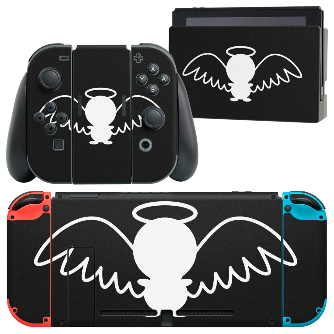 igsticker Nintendo Switch 用 デザインスキンシール 任天堂 ニンテンドー スイッチ 専用 本体ドック Joy-Con Joycon ジョイコン 専用 ゲーム機 カバー アクセサリー フィルム ステッカー 010816 天使 黒 白