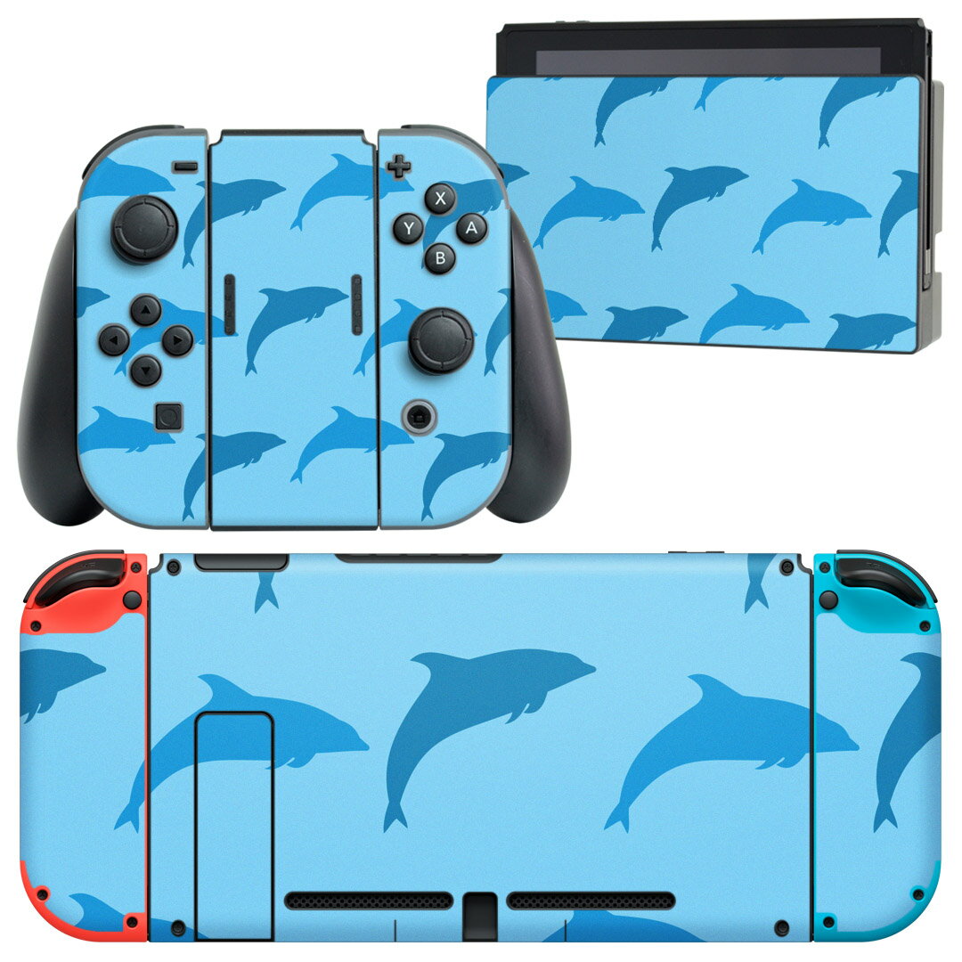 igsticker Nintendo Switch 用 デザインスキンシール 任天堂 ニンテンドー スイッチ 専用 本体ドック Joy-Con Joycon ジョイコン 専用 ゲーム機 カバー アクセサリー フィルム ステッカー 010969 海 イルカ 青