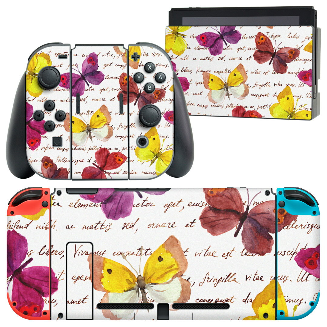 igsticker Nintendo Switch 用 デザインスキンシール 任天堂 ニンテンドー スイッチ 専用 本体ドック Joy-Con Joycon ジョイコン 専用 ゲーム機 カバー アクセサリー フィルム ステッカー 011012 蝶　英語　カラフル