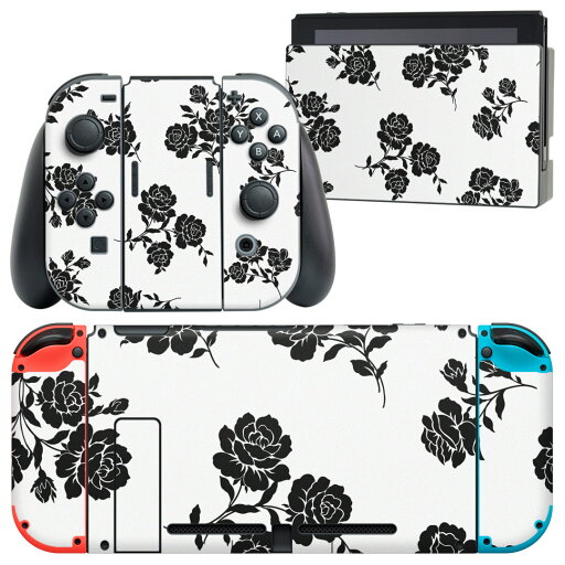 igsticker Nintendo Switch 用 デザインスキンシール 任天堂 ニンテンドー スイッチ 専用 本体ドック Joy-Con Joycon ジョイコン 専用 ゲーム機 カバー アクセサリー フィルム ステッカー 011045 バラ 花 白 黒