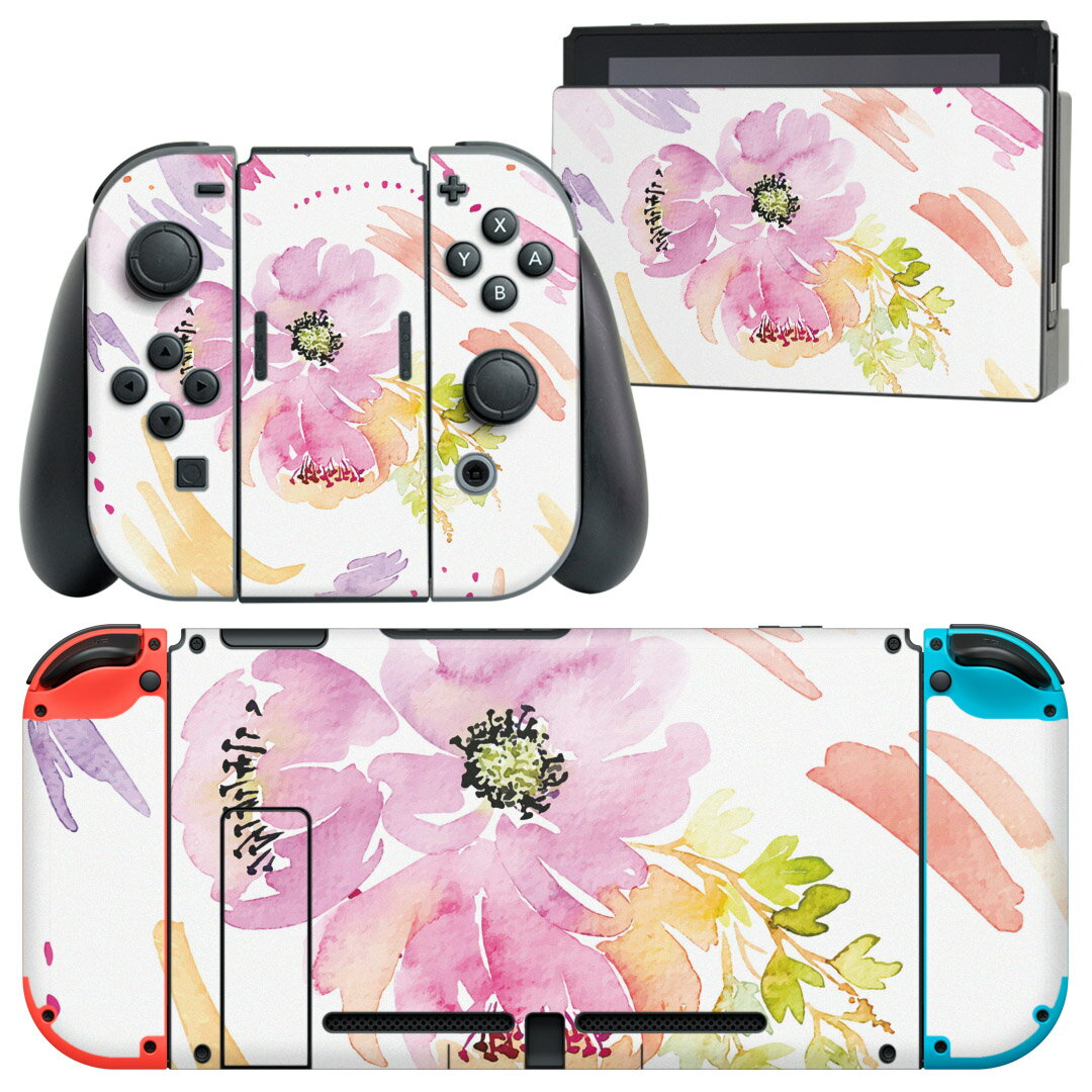 igsticker Nintendo Switch 用 デザインスキンシール 任天堂 ニンテンドー スイッチ 専用 本体ドック Joy-Con Joycon ジョイコン 専用 ゲーム機 カバー アクセサリー フィルム ステッカー 011075 花　水彩　カラフル