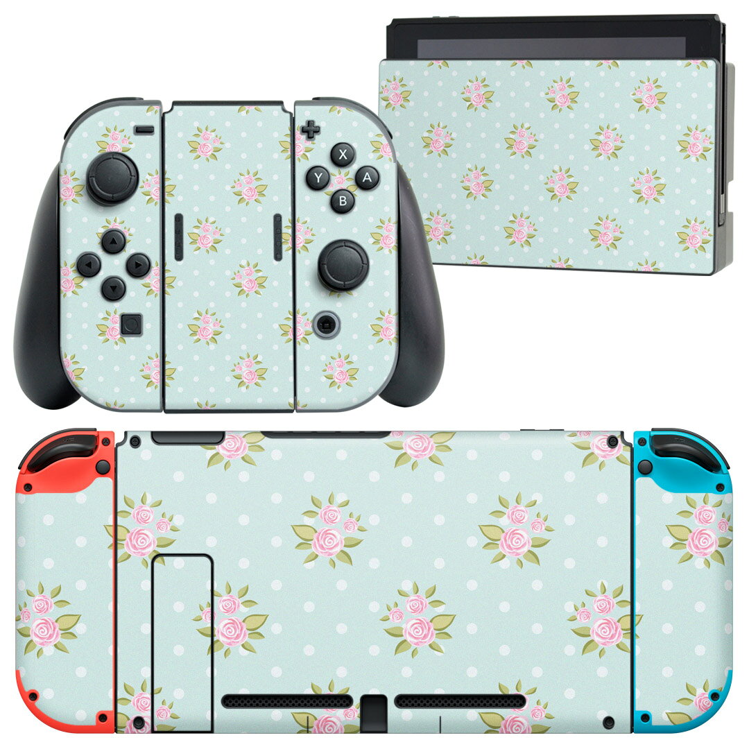 igsticker Nintendo Switch 用 デザインスキンシール 任天堂 ニンテンドー スイッチ 専用 本体ドック Joy-Con Joycon ジョイコン 専用 ゲーム機 カバー アクセサリー フィルム ステッカー 011093 花　水玉
