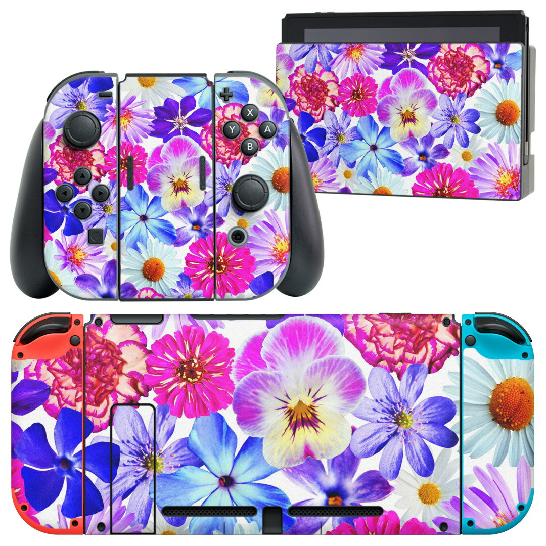 Video Games - igsticker Nintendo Switch 用 デザインスキンシール 任天堂 ニンテンドー スイッチ 専用 本体ドック Joy-Con Joycon ジョイコン 専用 ゲーム機 カバー アクセサリー フィルム ステッカー 011116 花　　カラフル