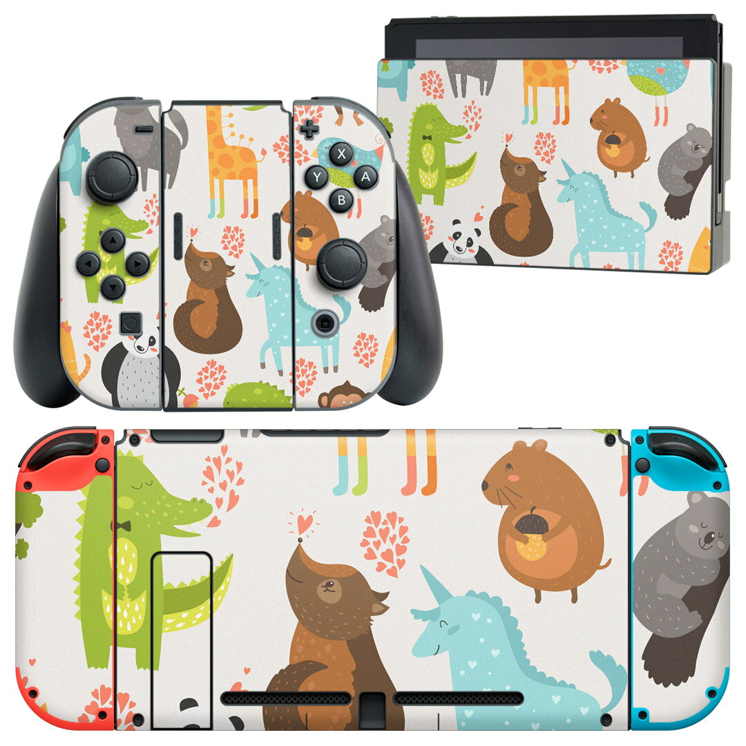 製品名 Nintendo Switch 本体裏面＆ドック正面＆ジョイコン専用 デザインスキンシール セット内容 Nintendo Switch 本体＆ドック＆ジョイコン用スキンシール（各1枚） ニンテンドースイッチ専用です。携帯機のSwitch LiteやProコンには対応していません。 商品特徴 再剥離性シートを素材に採用し、細かな位置調整がしやすく貼り直しが容易です。専用の業務プリンターを使い、商品画像と遜色のない美しい印刷仕上がり。 注意事項 画像はサンプルですので、ご覧の環境によっては多少色味に違いを感じる場合がございます。 イメージと違った、モニターと色味が異なるという理由での交換や返金はご対応出来かねます。スキンシールのみの販売で、ニンテンドースイッチ本体などは付属しません。シワができた場合、ドライヤーなどで軽く温め、外側に向けてシワを伸ばすように貼ってください。初回貼付時の位置調整や貼り直しは可能ですが、しっかりと押し付けて接着させた後の再剥離、再利用は保証しておりません。また接着部に油分や汚れが付着しますと角の部分は剥がれやすくなりますので、貼付時はあまり触れないようにご注意ください。無地のセミグロスシートにデザインをプリントした商品で、デコなどの加工はございません。 凹凸や光沢があるように見えたり布地や金属を素材にしたように見える商品もありますが、デザインの図版によるものです。印刷時に微妙な画像のズレが生じる場合がございます。ご注文後に1点1点制作する受注生産品の為、不良品以外のご返品や交換は固くお断りします。当店における繰り返しの実機テストでは問題ありませんでしたが、経過年数や使用環境により、シールを剥がす際に本体の塗装が一部剥がれる可能性があります。恐れ入りますが、万が一そのような状況になった場合でも当店ではゲーム機本体の保証は出来かねますので、予めご理解の上お求めください。 商品発送 完全受注生産のハンドメイド商品となりますので、既製品と比べて発送までお時間を頂いています。 基本的に決済確認後2?3営業日、最大で10営業日での発送となります。繁忙期や休業日明けの場合はさらに時間がかかる場合があります。 その際には別途メールにてご連絡致します。メール便の場合、発送日から到着までに2?4日ほどかかる場合が多く、紛失などの保障もご対応できかねます。あらかじめご了承下さい。