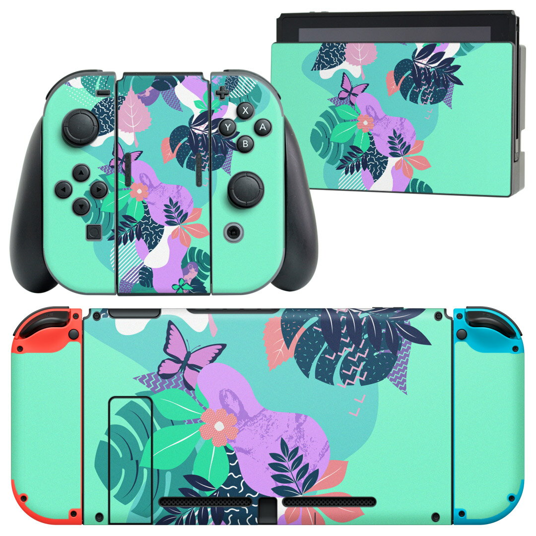 igsticker Nintendo Switch 用 デザインスキンシール 任天堂 ニンテンドー スイッチ 専用 本体ドック Joy-Con Joycon ジョイコン 専用 ゲーム機 カバー アクセサリー フィルム ステッカー 011221 蝶　花　緑