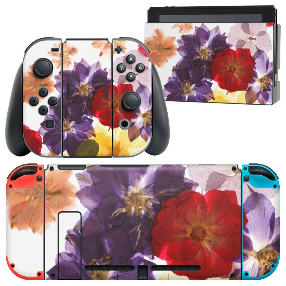 igsticker Nintendo Switch 用 デザインスキンシール 任天堂 ニンテンドー スイッチ 専用 本体ドック Joy-Con Joycon ジョイコン 専用 ゲーム機 カバー アクセサリー フィルム ステッカー 011228 花　押し花　カラフル