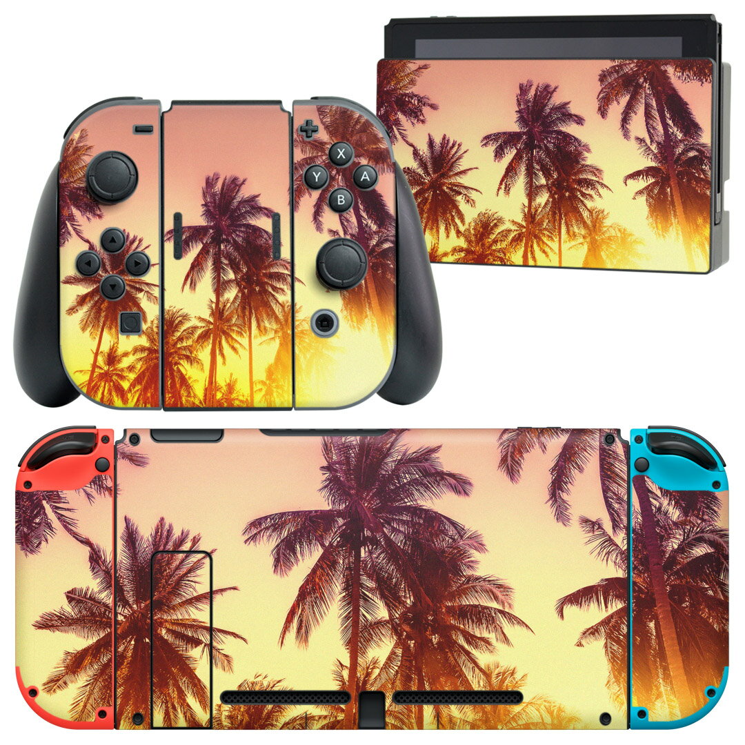 igsticker Nintendo Switch 用 デザインスキンシール 任天堂 ニンテンドー スイッチ 専用 本体ドック Joy-Con Joycon ジョイコン 専用 ゲーム機 カバー アクセサリー フィルム ステッカー 011302 夏　ヤシの木　夕日