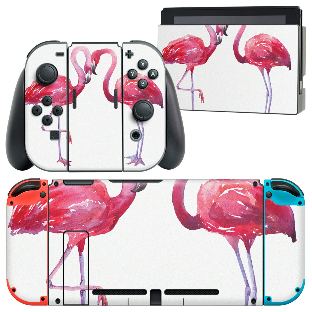 igsticker Nintendo Switch 用 デザインスキンシール 任天堂 ニンテンドー スイッチ 専用 本体ドック Joy-Con Joycon ジョイコン 専用 ゲーム機 カバー アクセサリー フィルム ステッカー 011411 フラミンゴ　ピンク　鳥