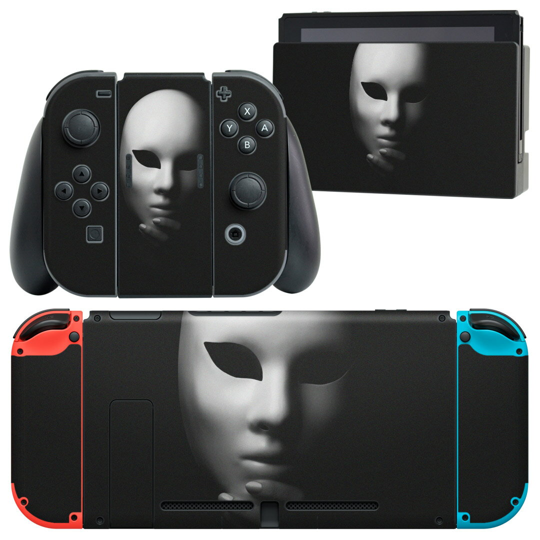 igsticker Nintendo Switch 用 デザインスキンシール 任天堂 ニンテンドー スイッチ 専用 本体ドック Joy-Con Joycon ジョイコン 専用 ゲーム機 カバー アクセサリー フィルム ステッカー 011710 仮面　白　黒
