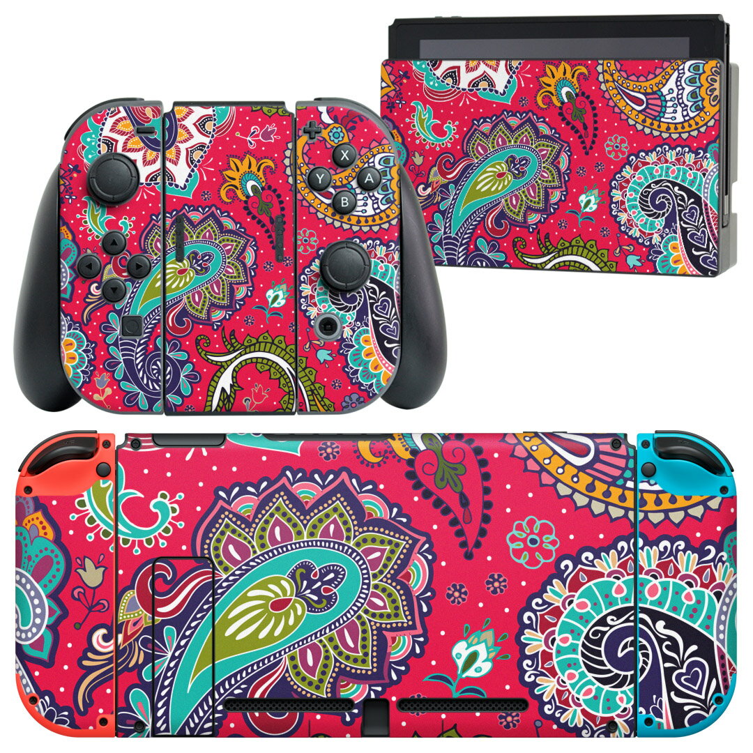igsticker Nintendo Switch 用 デザインスキンシール 任天堂 ニンテンドー スイッチ 専用 本体ドック Joy-Con Joycon ジョイコン 専用 ゲーム機 カバー アクセサリー フィルム ステッカー 011727 ペイズリー 模様 ピンク