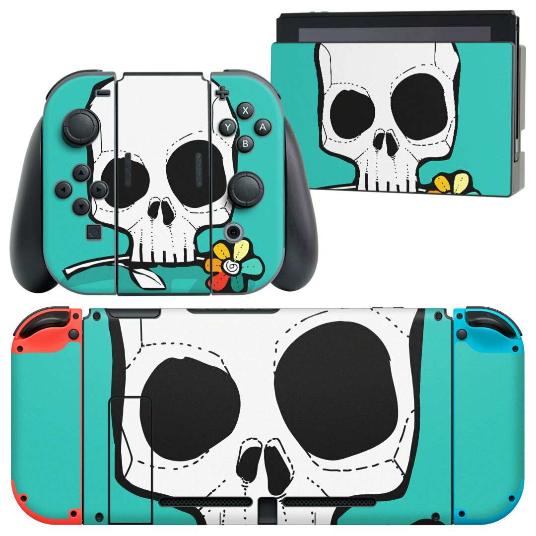 igsticker Nintendo Switch 用 デザインスキンシール 任天堂 ニンテンドー スイッチ 専用 本体ドック Joy-Con Joycon ジョイコン 専用 ゲーム機 カバー アクセサリー フィルム ステッカー 011767 骸骨　ドクロ　花