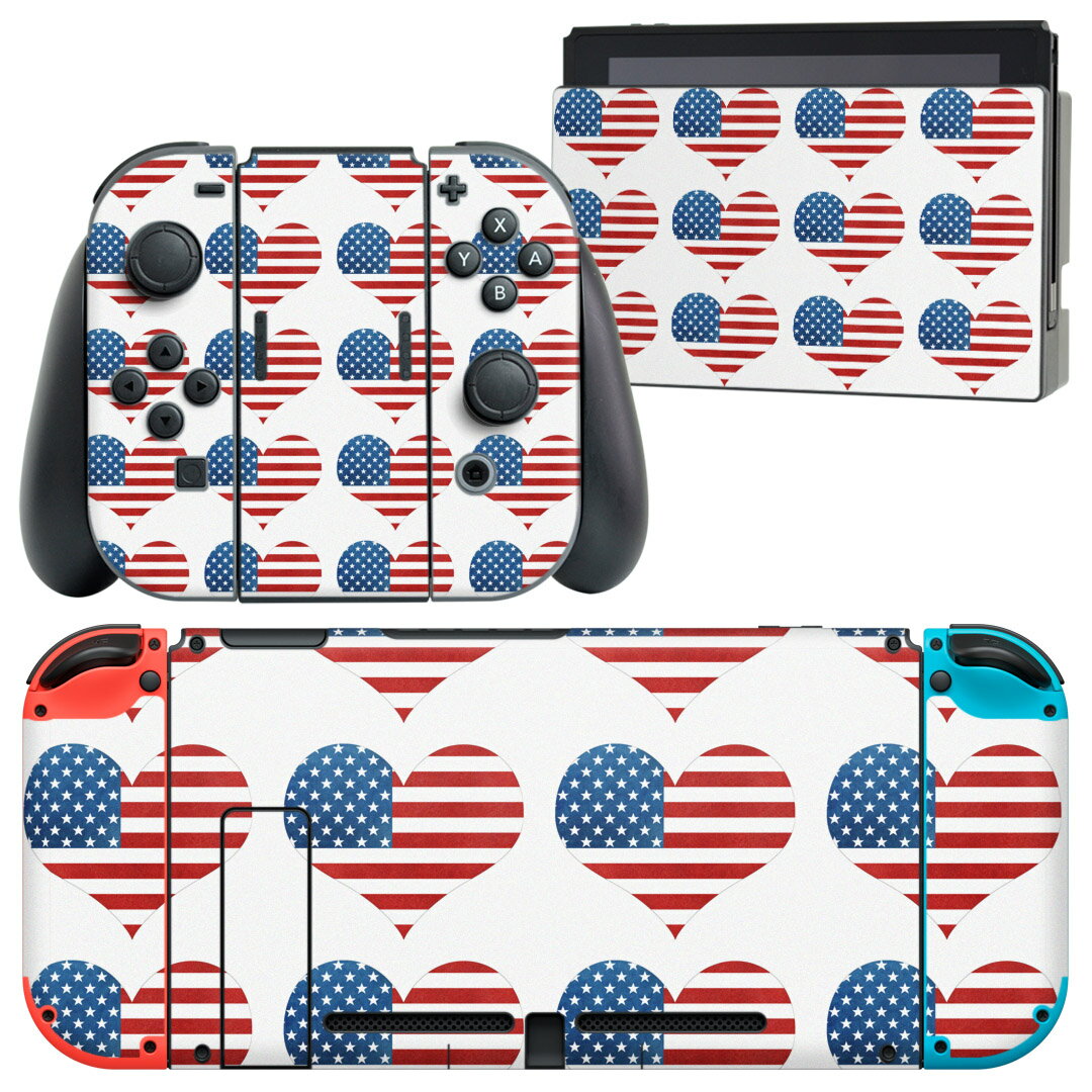 igsticker Nintendo Switch 用 デザインスキンシール 任天堂 ニンテンドー スイッチ 専用 本体ドック Joy-Con Joycon ジョイコン 専用 ゲーム機 カバー アクセサリー フィルム ステッカー 011789 ハート アメリカ 国旗