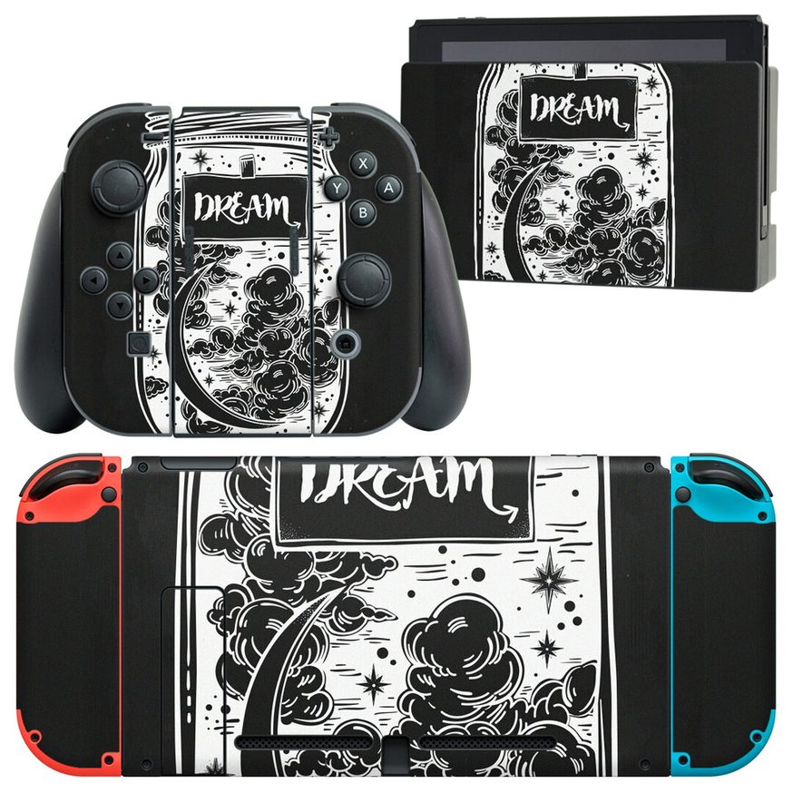 製品名 Nintendo Switch 本体裏面＆ドック正面＆ジョイコン専用 デザインスキンシール セット内容 Nintendo Switch 本体＆ドック＆ジョイコン用スキンシール（各1枚） ニンテンドースイッチ専用です。携帯機のSwitch LiteやProコンには対応していません。 商品特徴 再剥離性シートを素材に採用し、細かな位置調整がしやすく貼り直しが容易です。専用の業務プリンターを使い、商品画像と遜色のない美しい印刷仕上がり。 注意事項 画像はサンプルですので、ご覧の環境によっては多少色味に違いを感じる場合がございます。 イメージと違った、モニターと色味が異なるという理由での交換や返金はご対応出来かねます。スキンシールのみの販売で、ニンテンドースイッチ本体などは付属しません。シワができた場合、ドライヤーなどで軽く温め、外側に向けてシワを伸ばすように貼ってください。初回貼付時の位置調整や貼り直しは可能ですが、しっかりと押し付けて接着させた後の再剥離、再利用は保証しておりません。また接着部に油分や汚れが付着しますと角の部分は剥がれやすくなりますので、貼付時はあまり触れないようにご注意ください。無地のセミグロスシートにデザインをプリントした商品で、デコなどの加工はございません。 凹凸や光沢があるように見えたり布地や金属を素材にしたように見える商品もありますが、デザインの図版によるものです。印刷時に微妙な画像のズレが生じる場合がございます。ご注文後に1点1点制作する受注生産品の為、不良品以外のご返品や交換は固くお断りします。当店における繰り返しの実機テストでは問題ありませんでしたが、経過年数や使用環境により、シールを剥がす際に本体の塗装が一部剥がれる可能性があります。恐れ入りますが、万が一そのような状況になった場合でも当店ではゲーム機本体の保証は出来かねますので、予めご理解の上お求めください。 商品発送 完全受注生産のハンドメイド商品となりますので、既製品と比べて発送までお時間を頂いています。 基本的に決済確認後2?3営業日、最大で10営業日での発送となります。繁忙期や休業日明けの場合はさらに時間がかかる場合があります。 その際には別途メールにてご連絡致します。メール便の場合、発送日から到着までに2?4日ほどかかる場合が多く、紛失などの保障もご対応できかねます。あらかじめご了承下さい。