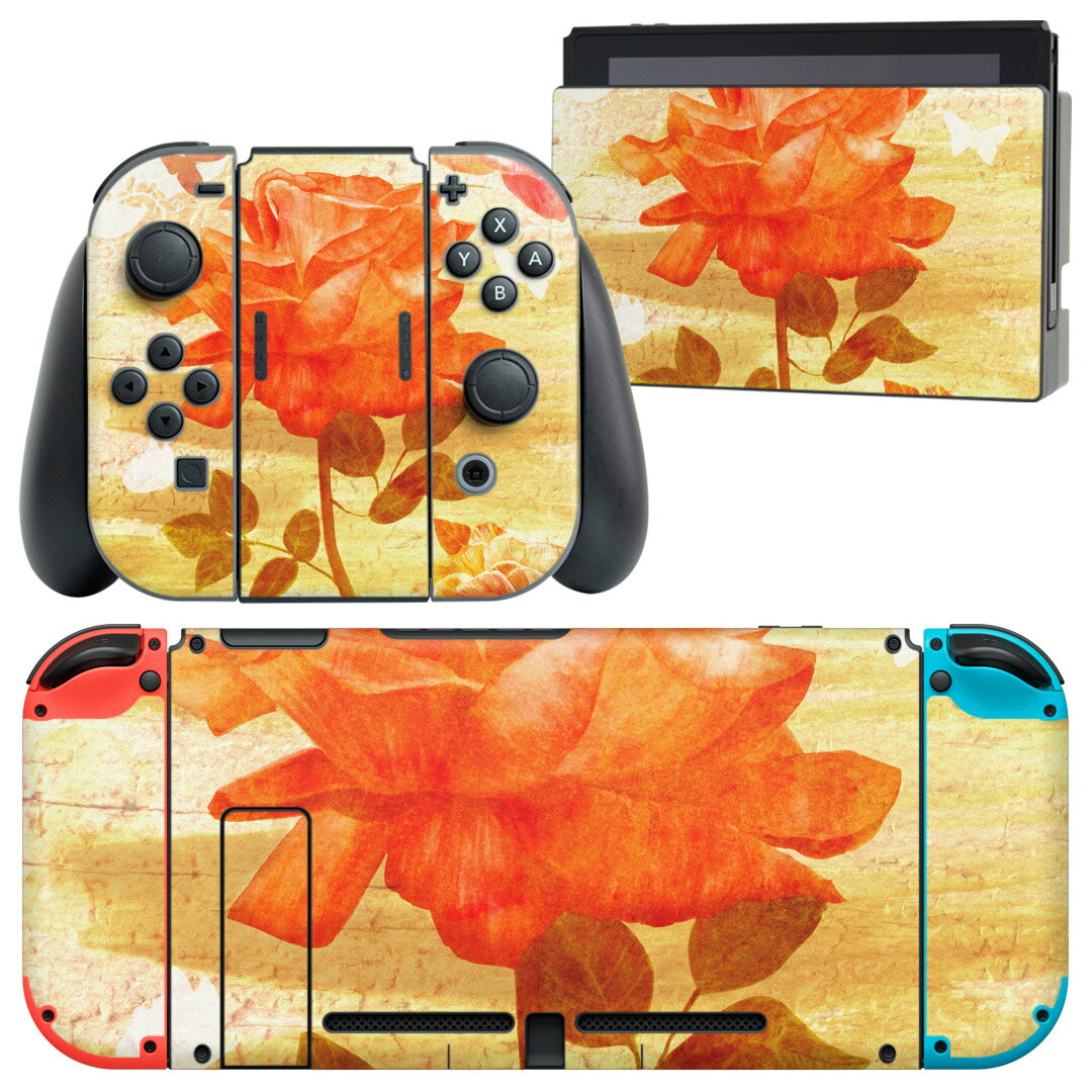 igsticker Nintendo Switch 用 デザインスキンシール 任天堂 ニンテンドー スイッチ 専用 本体ドック Joy-Con Joycon ジョイコン 専用 ゲーム機 カバー アクセサリー フィルム ステッカー 011893 花　英字　蝶