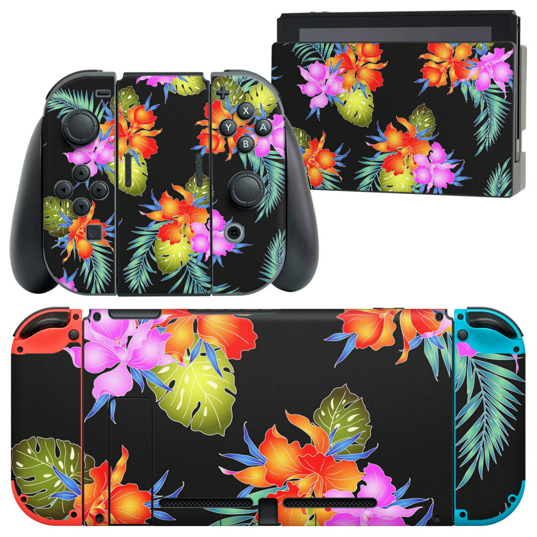 igsticker Nintendo Switch 用 デザインスキンシール 任天堂 ニンテンドー スイッチ 専用 本体ドック Joy-Con Joycon ジョイコン 専用 ゲーム機 カバー アクセサリー フィルム ステッカー 011926 黒 カラフル 花