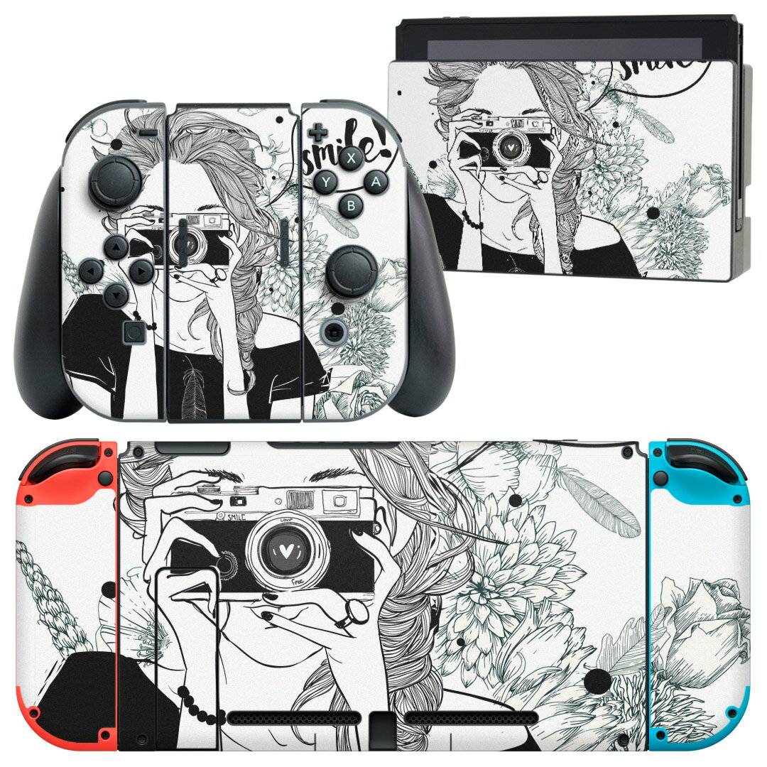 igsticker Nintendo Switch 用 デザインスキンシール 任天堂 ニンテンドー スイッチ 専用 本体ドック Joy-Con Joycon ジョイコン 専用 ゲーム機 カバー アクセサリー フィルム ステッカー 011936 イラスト　モノトーン　カメラ