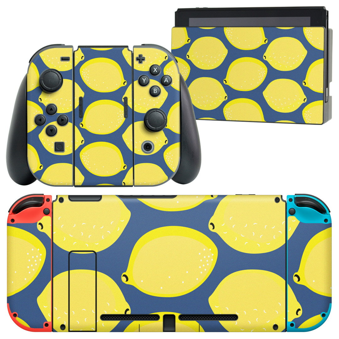 igsticker Nintendo Switch 用 デザインスキンシール 任天堂 ニンテンドー スイッチ 専用 本体ドック Joy-Con Joycon ジョイコン 専用 ゲーム機 カバー アクセサリー フィルム ステッカー 011985 レモン　柄　黄色