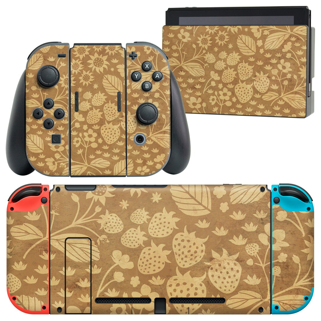 igsticker Nintendo Switch 用 デザインスキンシール 任天堂 ニンテンドー スイッチ 専用 本体ドック Joy-Con Joycon ジョイコン 専用 ゲーム機 カバー アクセサリー フィルム ステッカー 012189 花 植物 苺