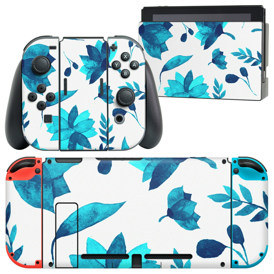 igsticker Nintendo Switch 用 デザインスキンシール 任天堂 ニンテンドー スイッチ 専用 本体ドック Joy-Con Joycon ジョイコン 専用 ゲーム機 カバー アクセサリー フィルム ステッカー 012213 花 植物 青
