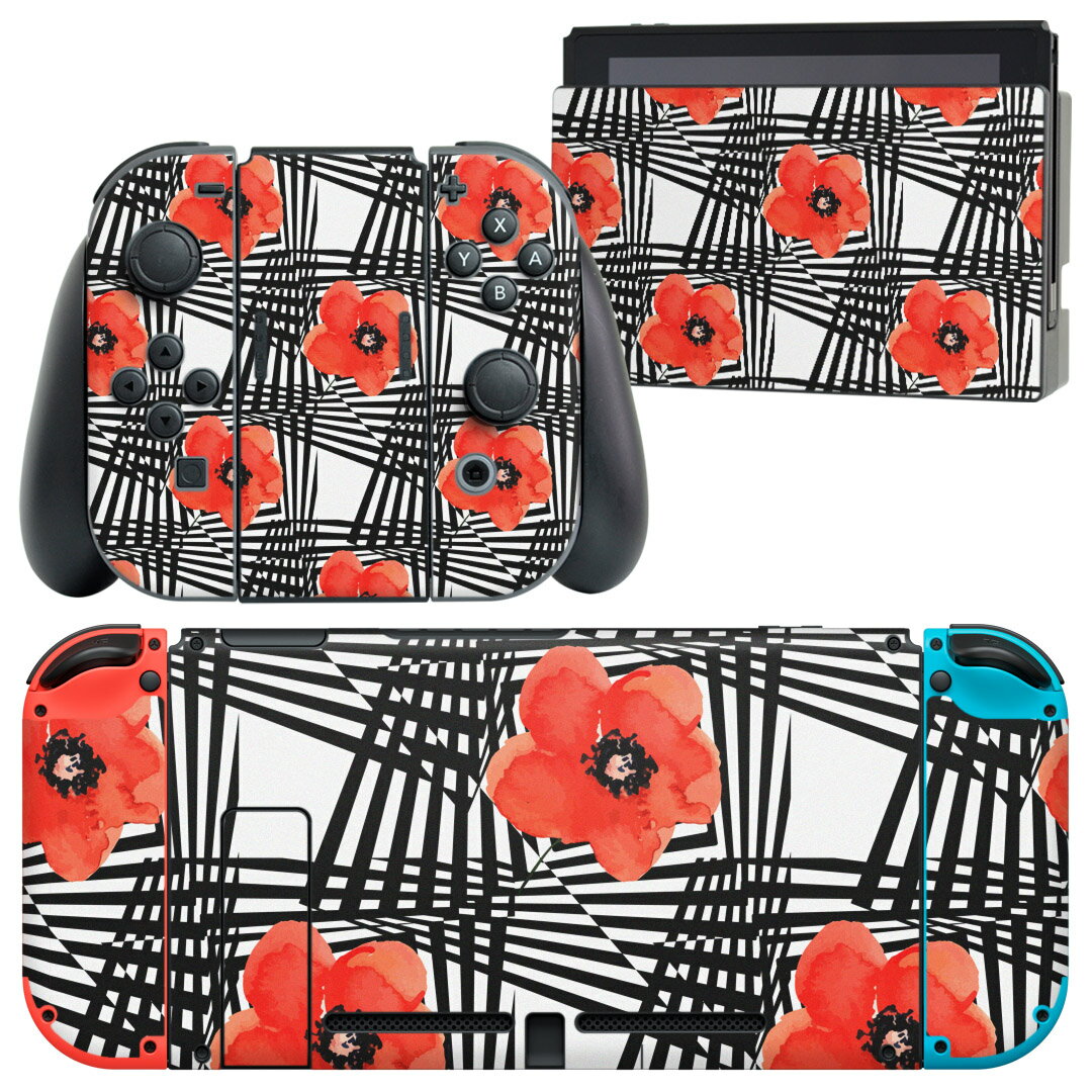 igsticker Nintendo Switch 用 デザインスキンシール 任天堂 ニンテンドー スイッチ 専用 本体ドック Joy-Con Joycon ジョイコン 専用 ゲーム機 カバー アクセサリー フィルム ステッカー 012217 花柄　赤　黒