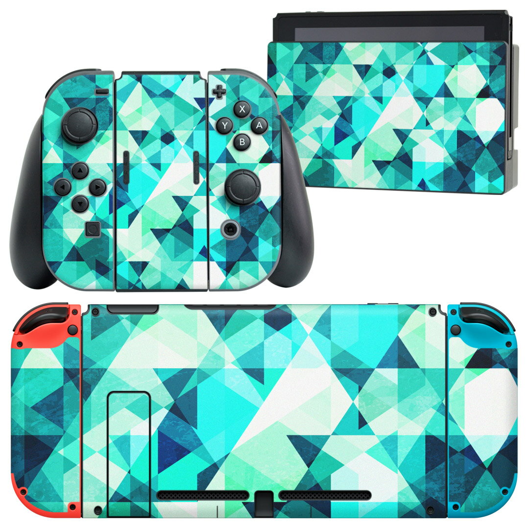 igsticker Nintendo Switch 用 デザインスキンシール 任天堂 ニンテンドー スイッチ 専用 本体ドック Joy-Con Joycon ジョイコン 専用 ゲーム機 カバー アクセサリー フィルム ステッカー 012346 青 三角 柄
