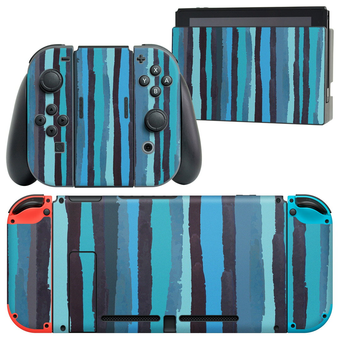 igsticker Nintendo Switch 用 デザインスキンシール 任天堂 ニンテンドー スイッチ 専用 本体ドック Joy-Con Joycon ジョイコン 専用 ゲーム機 カバー アクセサリー フィルム ステッカー 012359 ストライプ 青 水色