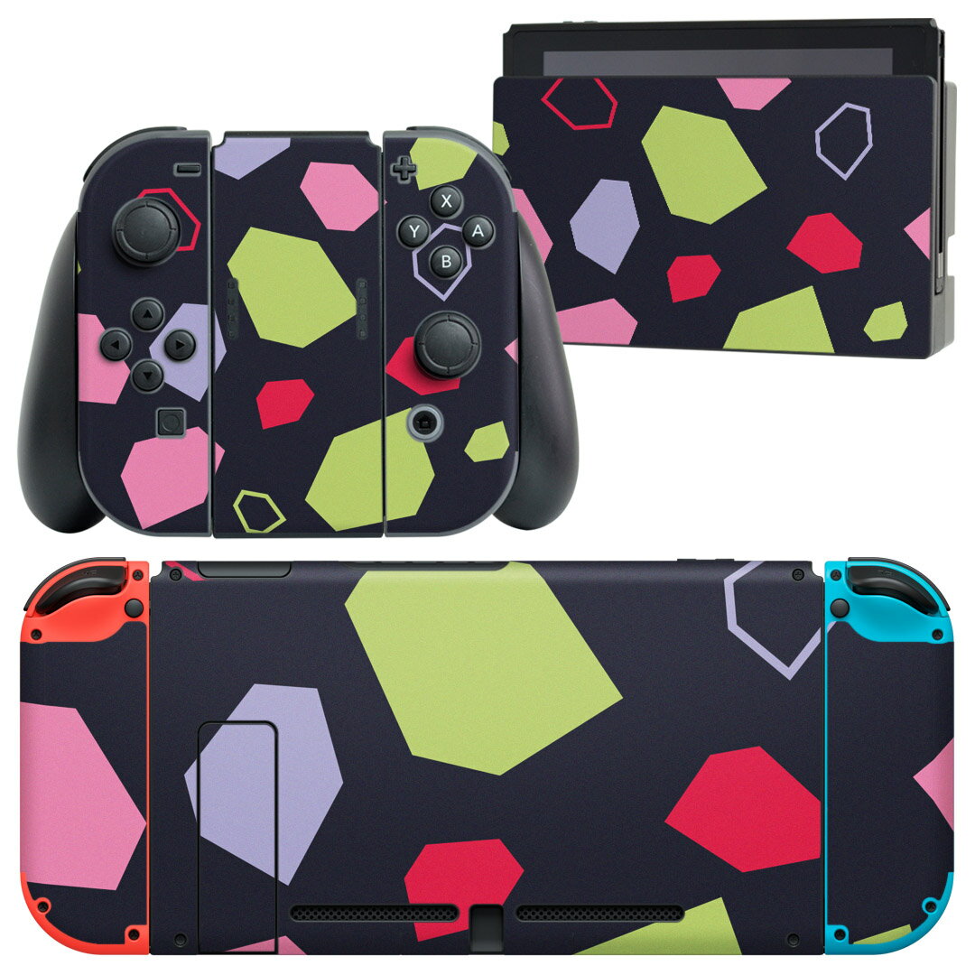 igsticker Nintendo Switch 用 デザインスキンシール 任天堂 ニンテンドー スイッチ 専用 本体ドック Joy-Con Joycon ジョイコン 専用 ゲーム機 カバー アクセサリー フィルム ステッカー 012377 柄 カラフル 黒