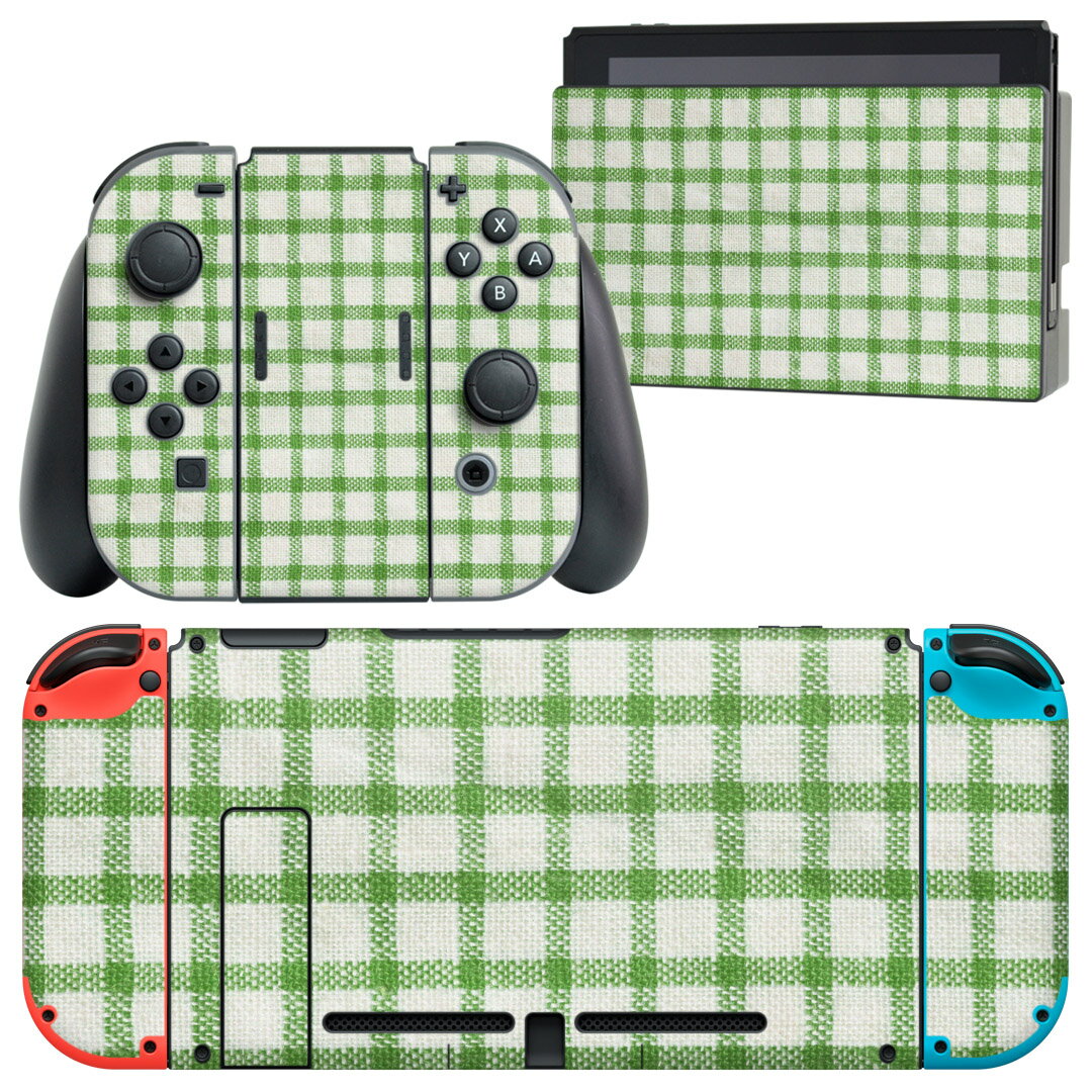 igsticker Nintendo Switch 用 デザインスキンシール 任天堂 ニンテンドー スイッチ 専用 本体ドック Joy-Con Joycon ジョイコン 専用 ゲーム機 カバー アクセサリー フィルム ステッカー 012379 緑 チェック 白