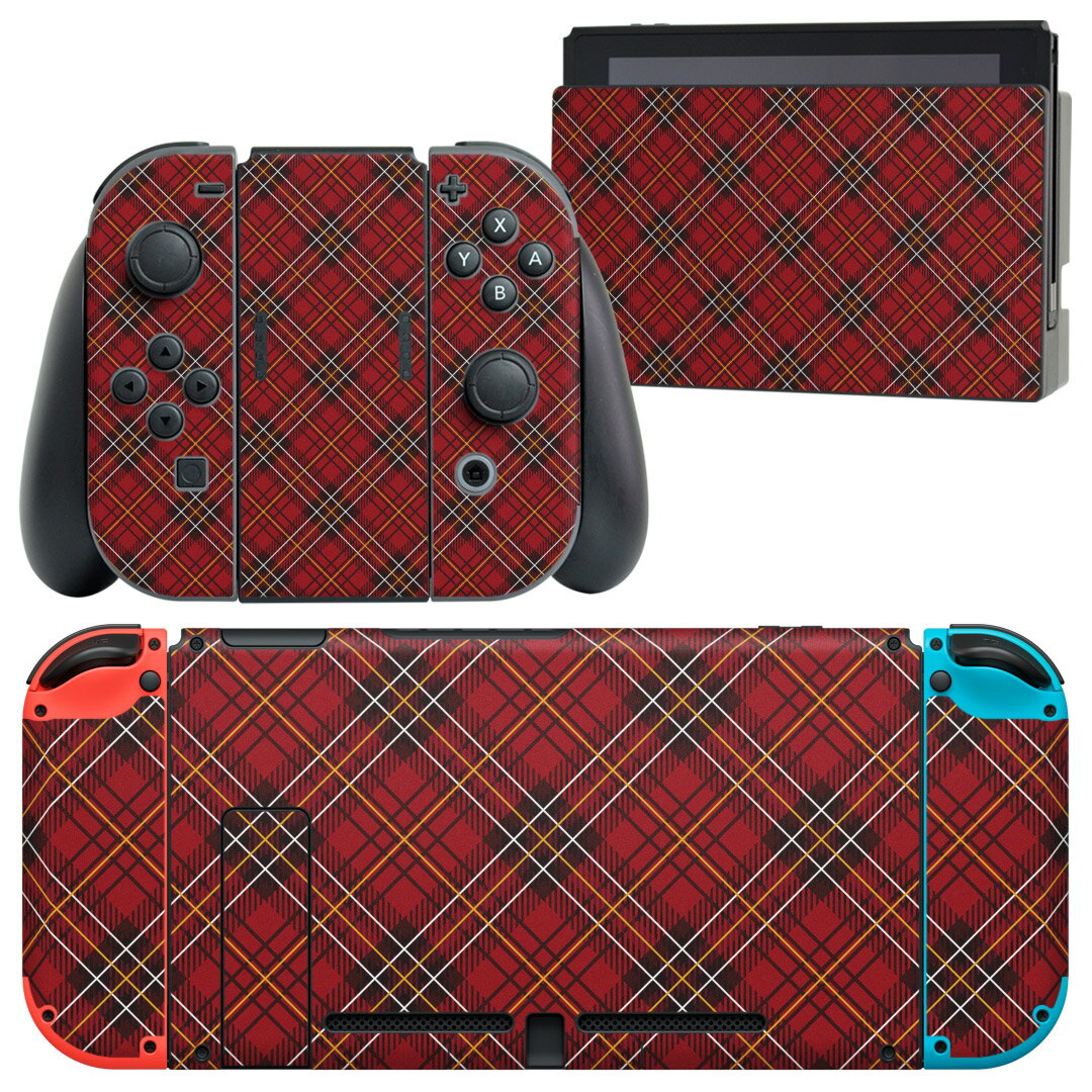 igsticker Nintendo Switch 用 デザインスキンシール 任天堂 ニンテンドー スイッチ 専用 本体ドック Joy-Con Joycon ジョイコン 専用 ゲーム機 カバー アクセサリー フィルム ステッカー 012387 チェック　赤　紺