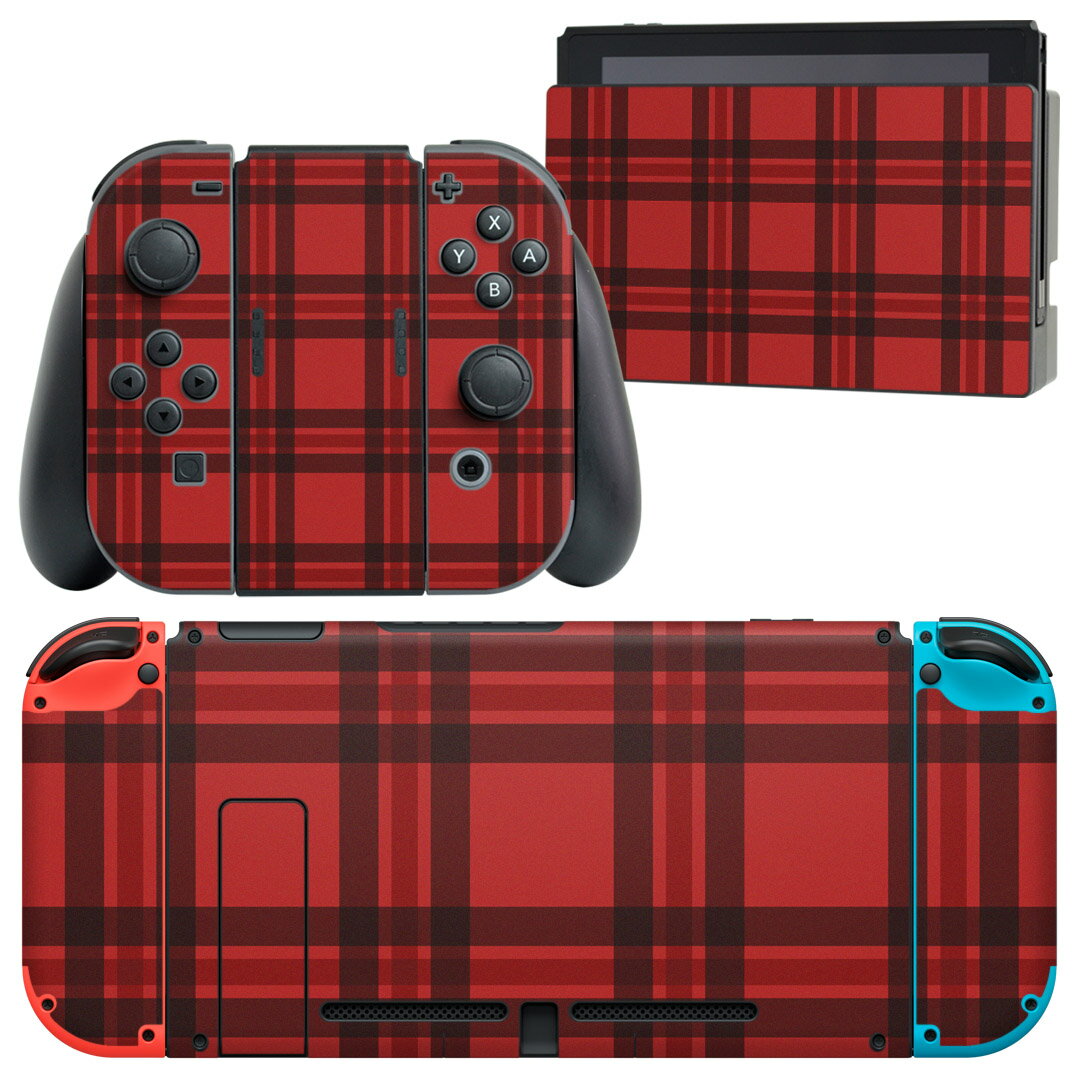 igsticker Nintendo Switch 用 デザインスキンシール 任天堂 ニンテンドー スイッチ 専用 本体ドック Joy-Con Joycon ジョイコン 専用 ゲーム機 カバー アクセサリー フィルム ステッカー 012415 赤　チェック　かわいい