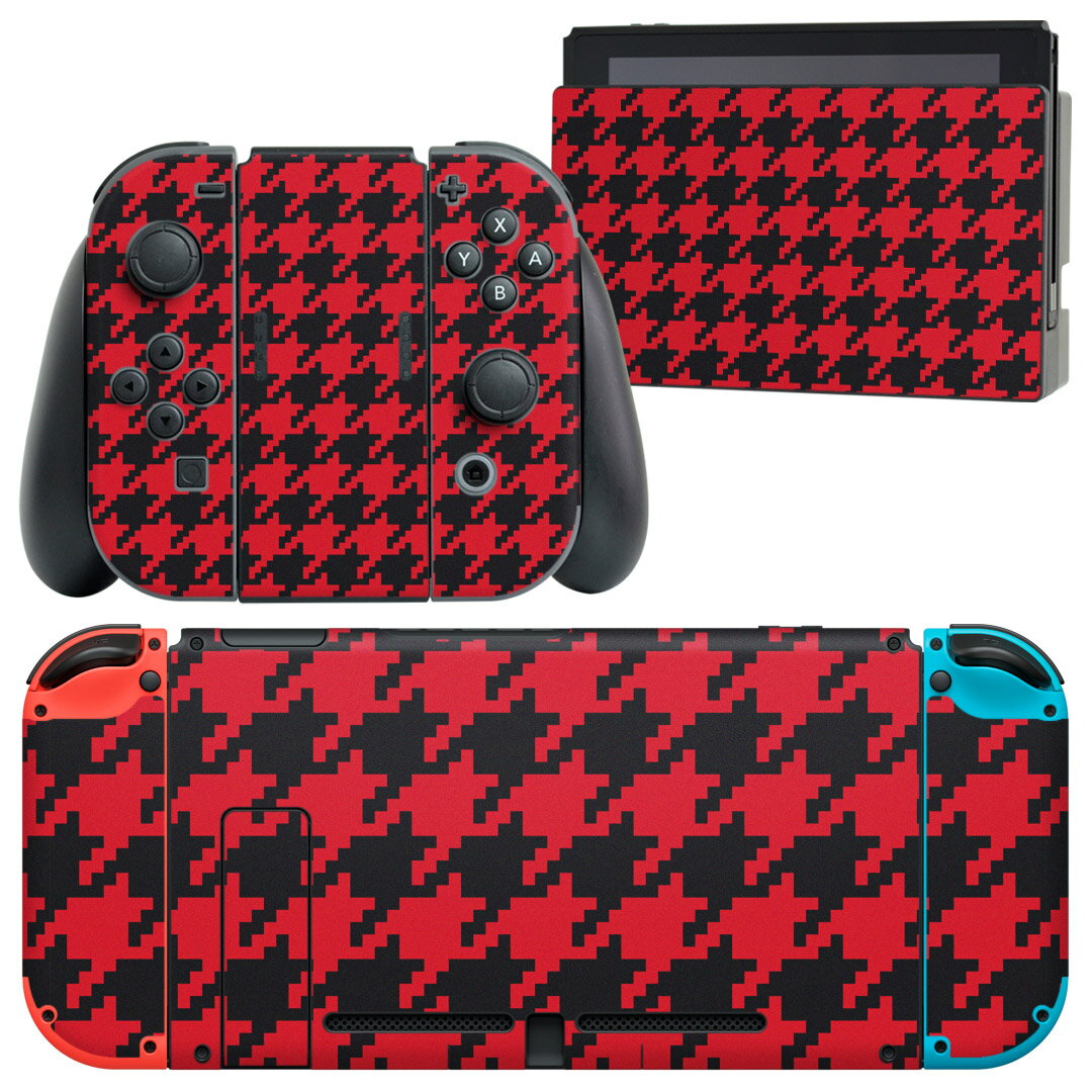 igsticker Nintendo Switch 用 デザインスキンシール 任天堂 ニンテンドー スイッチ 専用 本体ドック Joy-Con Joycon ジョイコン 専用 ゲーム機 カバー アクセサリー フィルム ステッカー 012434 千鳥 柄 赤