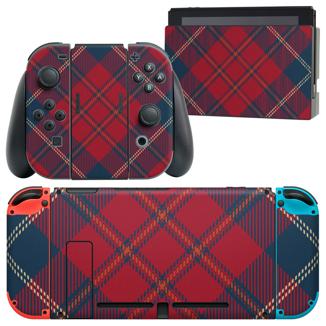 igsticker Nintendo Switch 用 デザインスキンシール 任天堂 ニンテンドー スイッチ 専用 本体ドック Joy-Con Joycon ジョイコン 専用 ゲーム機 カバー アクセサリー フィルム ステッカー 012442 チェック　赤　緑