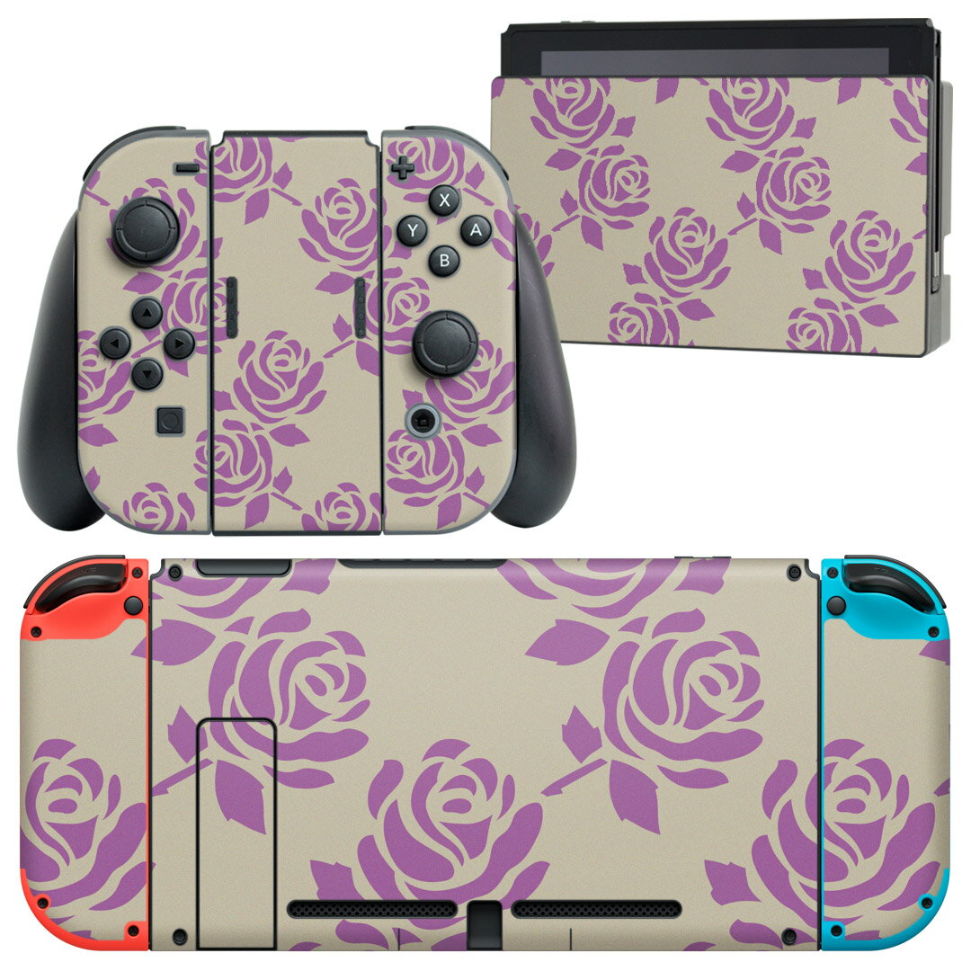 igsticker Nintendo Switch 用 デザインスキンシール 任天堂 ニンテンドー スイッチ 専用 本体ドック Joy-Con Joycon ジョイコン 専用 ゲーム機 カバー アクセサリー フィルム ステッカー 012481 バラ 花 紫