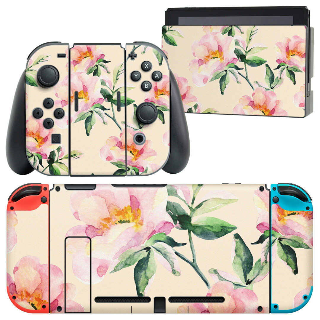 igsticker Nintendo Switch 用 デザインスキンシール 任天堂 ニンテンドー スイッチ 専用 本体ドック Joy-Con Joycon ジョイコン 専用 ゲーム機 カバー アクセサリー フィルム ステッカー 012590 花柄　花　ベージュ