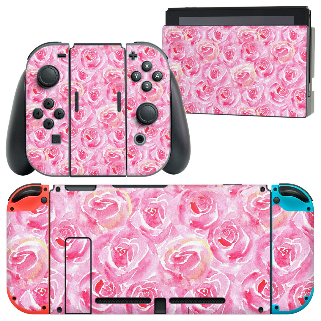 igsticker Nintendo Switch 用 デザインスキンシール 任天堂 ニンテンドー スイッチ 専用 本体ドック Joy-Con Joycon ジョイコン 専用 ゲーム機 カバー アクセサリー フィルム ステッカー 012604 花　バラ　ピンク