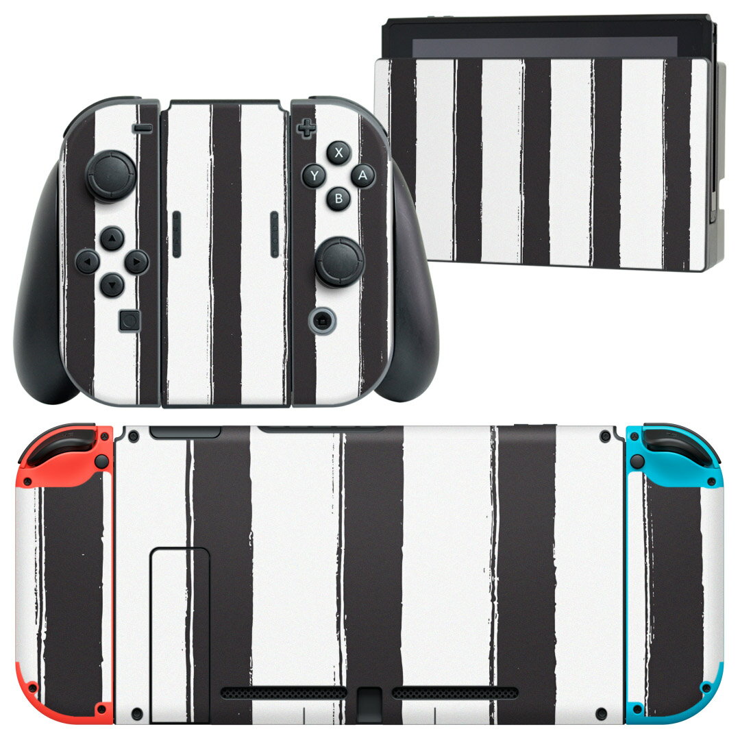 igsticker Nintendo Switch 用 デザインスキンシール 任天堂 ニンテンドー スイッチ 専用 本体ドック Joy-Con Joycon ジョイコン 専用 ゲーム機 カバー アクセサリー フィルム ステッカー 012613 ストライプ モノトーン 白黒