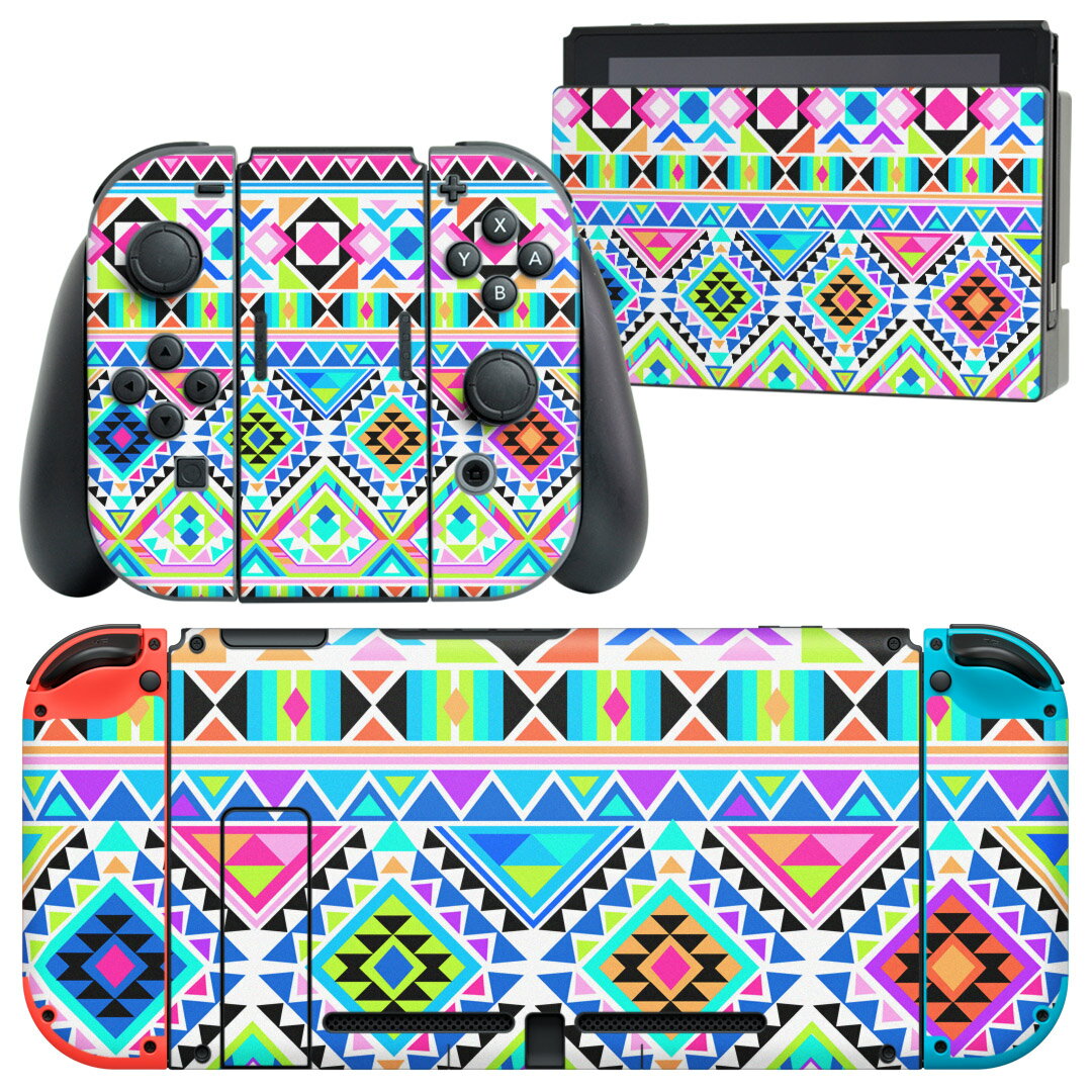 igsticker Nintendo Switch 用 デザインスキンシール 任天堂 ニンテンドー スイッチ 専用 本体ドック Joy-Con Joycon ジョイコン 専用 ゲーム機 カバー アクセサリー フィルム ステッカー 012684 エスニック カラフル 柄