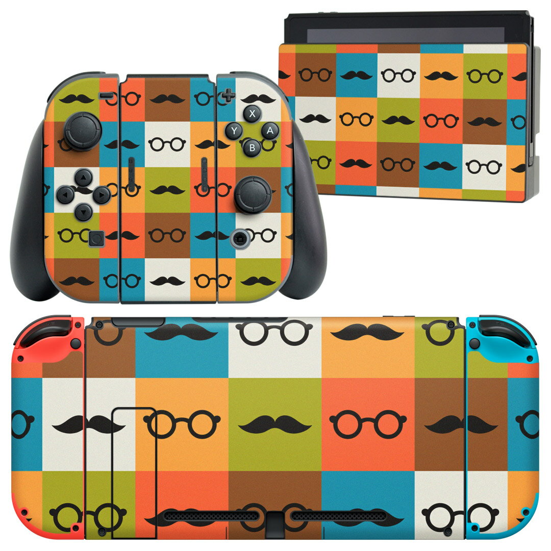 igsticker Nintendo Switch 用 デザインスキンシール 任天堂 ニンテンドー スイッチ 専用 本体ドック Joy-Con Joycon ジョイコン 専用 ゲーム機 カバー アクセサリー フィルム ステッカー 012686 眼鏡　ヒゲ　モノグラム