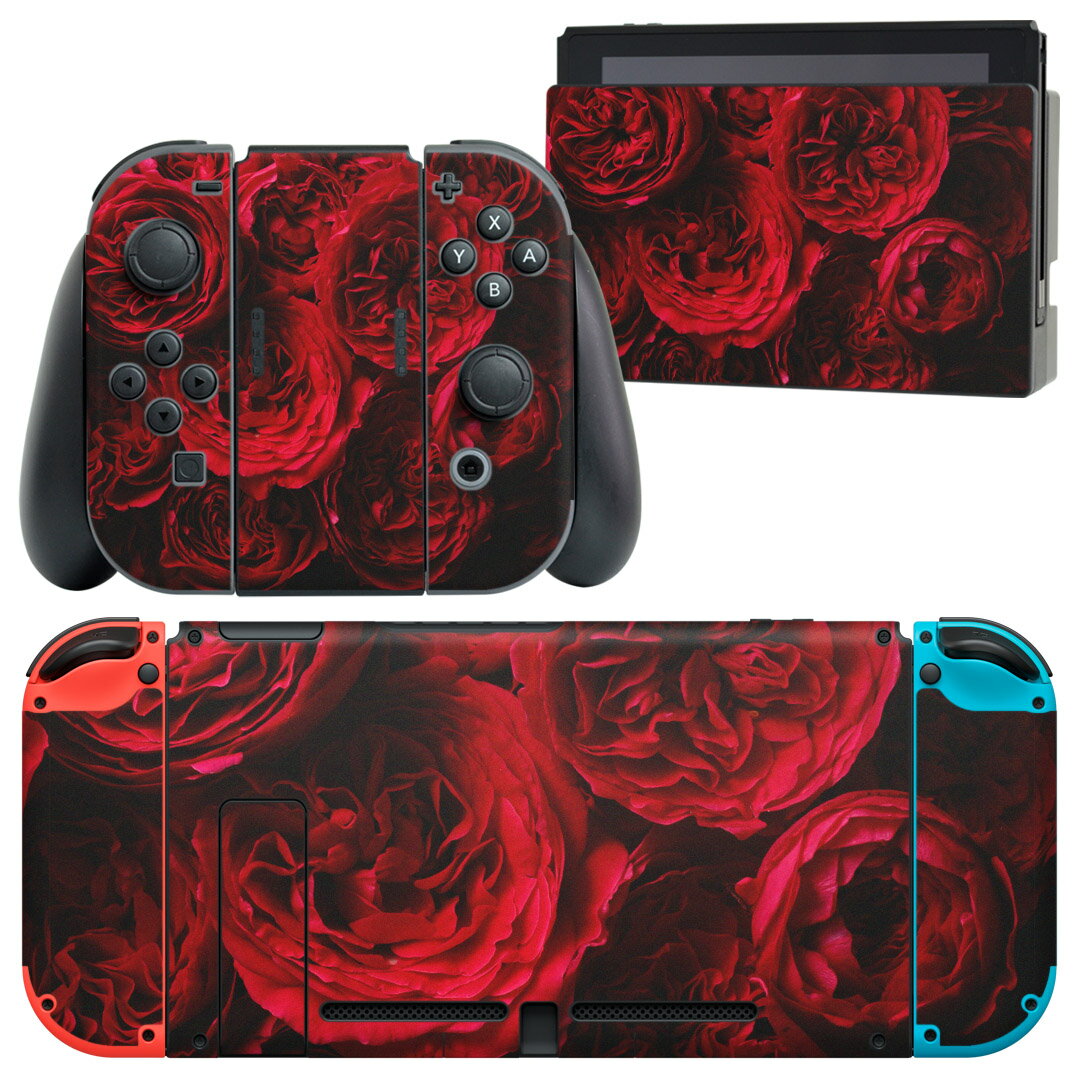 igsticker Nintendo Switch 用 デザインスキンシール 任天堂 ニンテンドー スイッチ 専用 本体ドック Joy-Con Joycon ジョイコン 専用 ゲーム機 カバー アクセサリー フィルム ステッカー 012764 バラ 花 赤