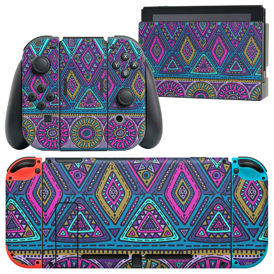igsticker Nintendo Switch 用 デザインスキンシール 任天堂 ニンテンドー スイッチ 専用 本体ドック Joy-Con Joycon ジョイコン 専用 ゲーム機 カバー アクセサリー フィルム ステッカー 012813 エスニック カラフル 柄