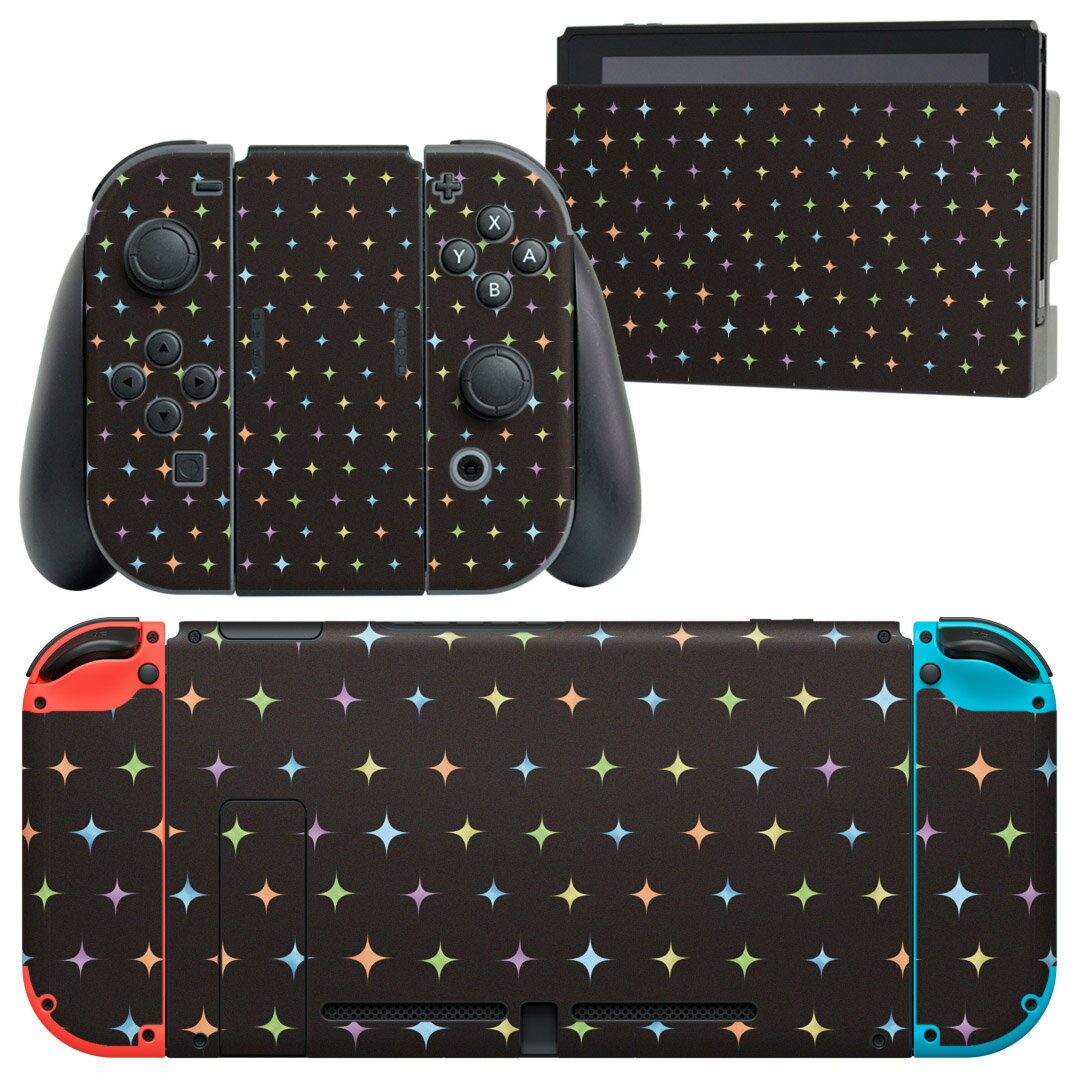 igsticker Nintendo Switch 用 デザインスキンシール 任天堂 ニンテンドー スイッチ 専用 本体ドック Joy-Con Joycon ジョイコン 専用 ゲーム機 カバー アクセサリー フィルム ステッカー 012910 黒　カラフル　キラキラ