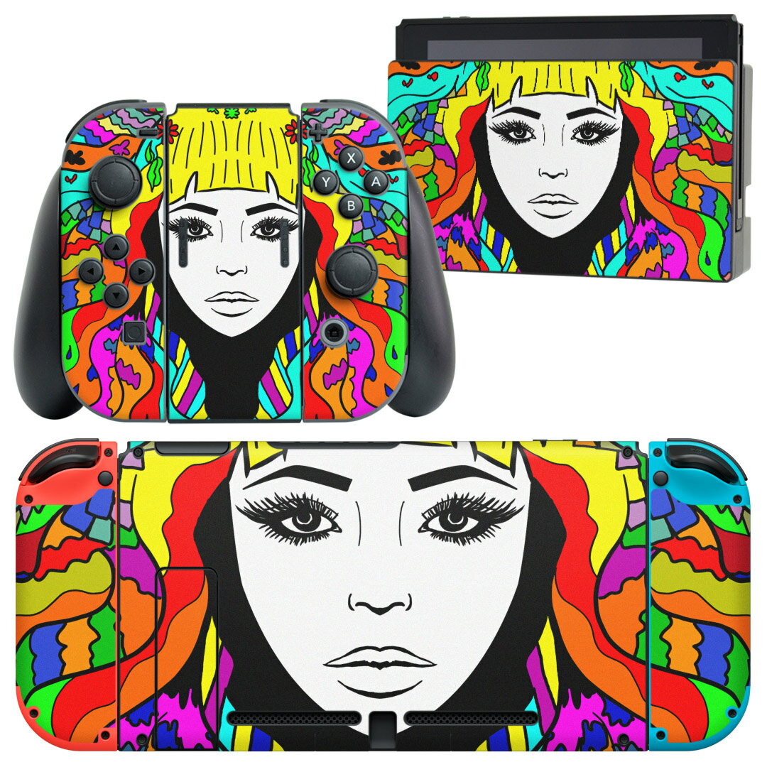 igsticker Nintendo Switch 用 デザインスキンシール 任天堂 ニンテンドー スイッチ 専用 本体ドック Joy-Con Joycon ジョイコン 専用 ゲーム機 カバー アクセサリー フィルム ステッカー 013591 顔　派手　カラフル