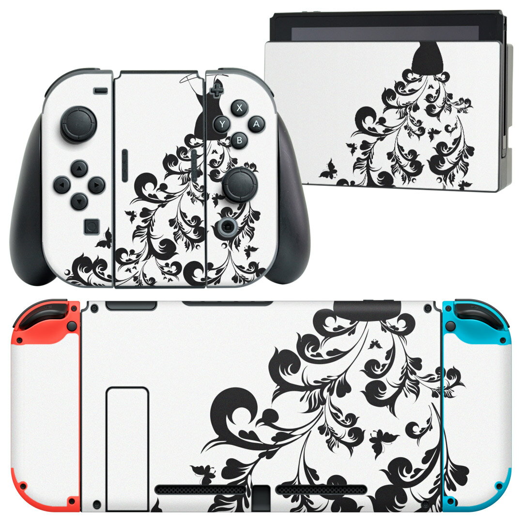 igsticker Nintendo Switch 用 デザインスキンシール 任天堂 ニンテンドー スイッチ 専用 本体ドック Joy-Con Joycon ジョイコン 専用 ゲーム機 カバー アクセサリー フィルム ステッカー 013602 ドレス　モノトーン　花